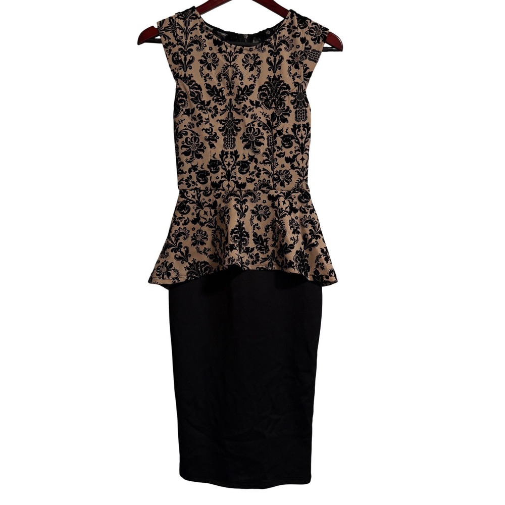 Iris Anthropologie Tan Black Damask Peplum Pencil Dress Sleeveless Lace Back Sm